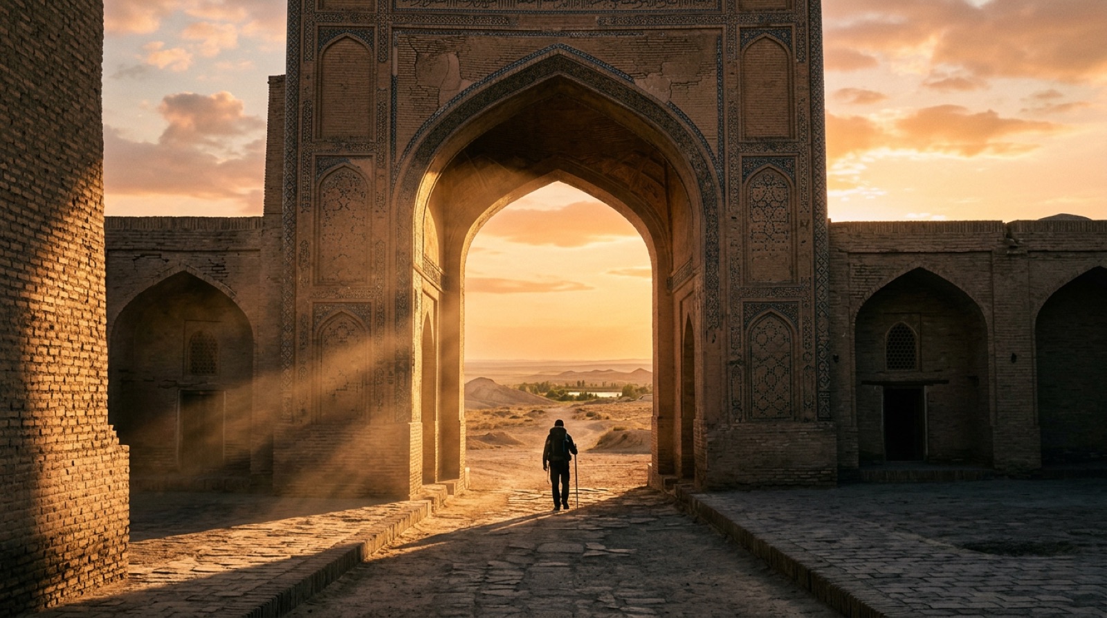 A journey begins — caravanserai gate at sunset